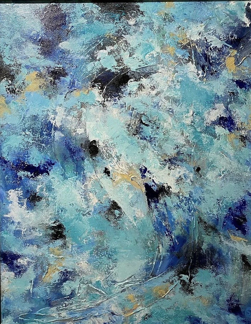 Abstract painting of turbulent blue and white water with flecks of gold