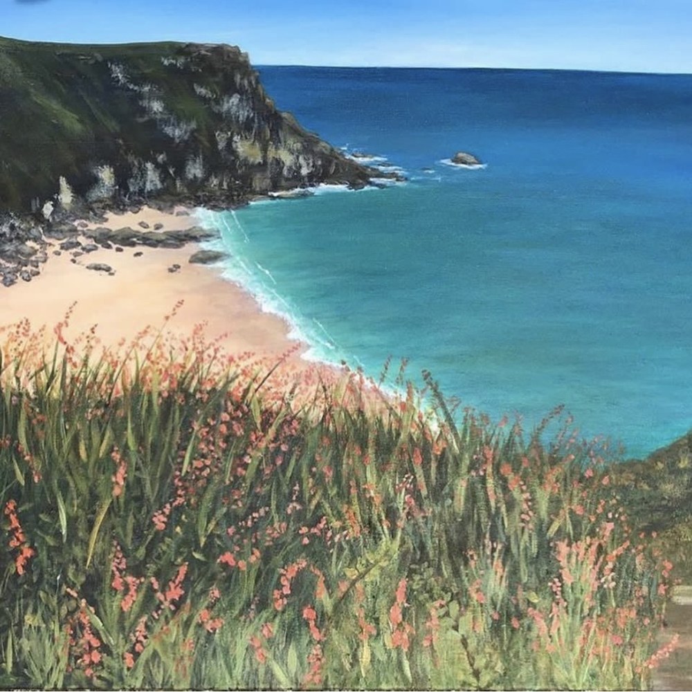 One of Sarah's paintings: a coastal cove with pink wildflowers and turquoise sea