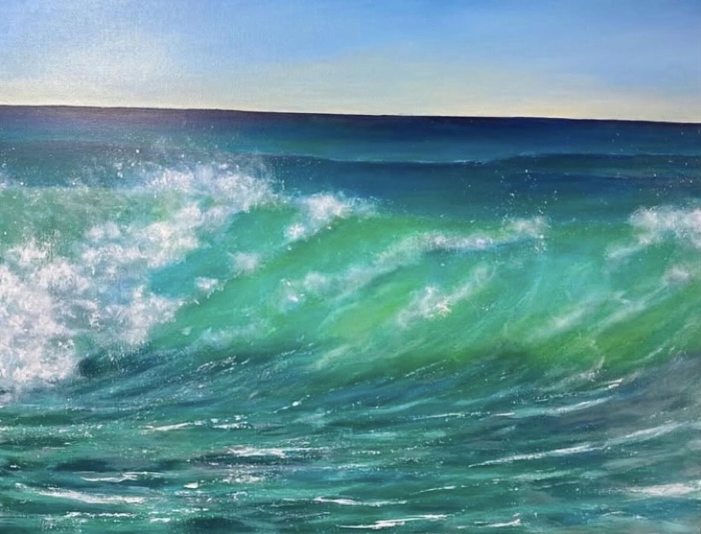 Painting of a translucent green wave curling and breaking into white foam