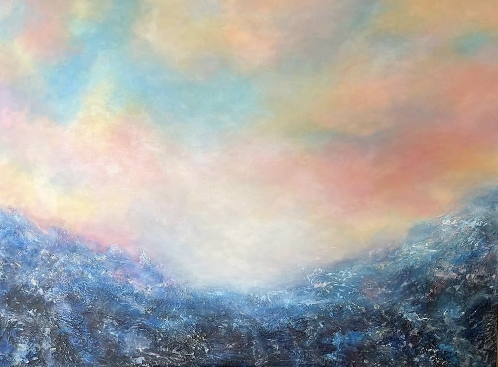 Painting of a soft pastel-coloured sea swell in pinks, blues and creams
