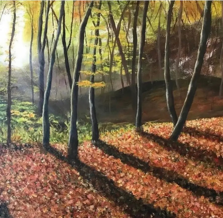 Painting of sunlight falling through an autumn woodland